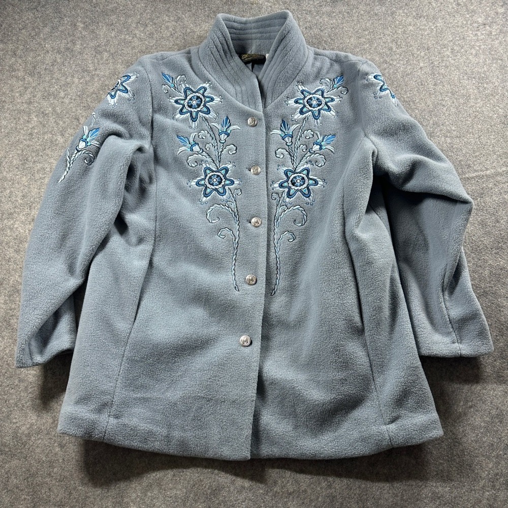 Bob Mackie Wearable Art Fleece Jacket Womens XL Blue Floral Embroidered
